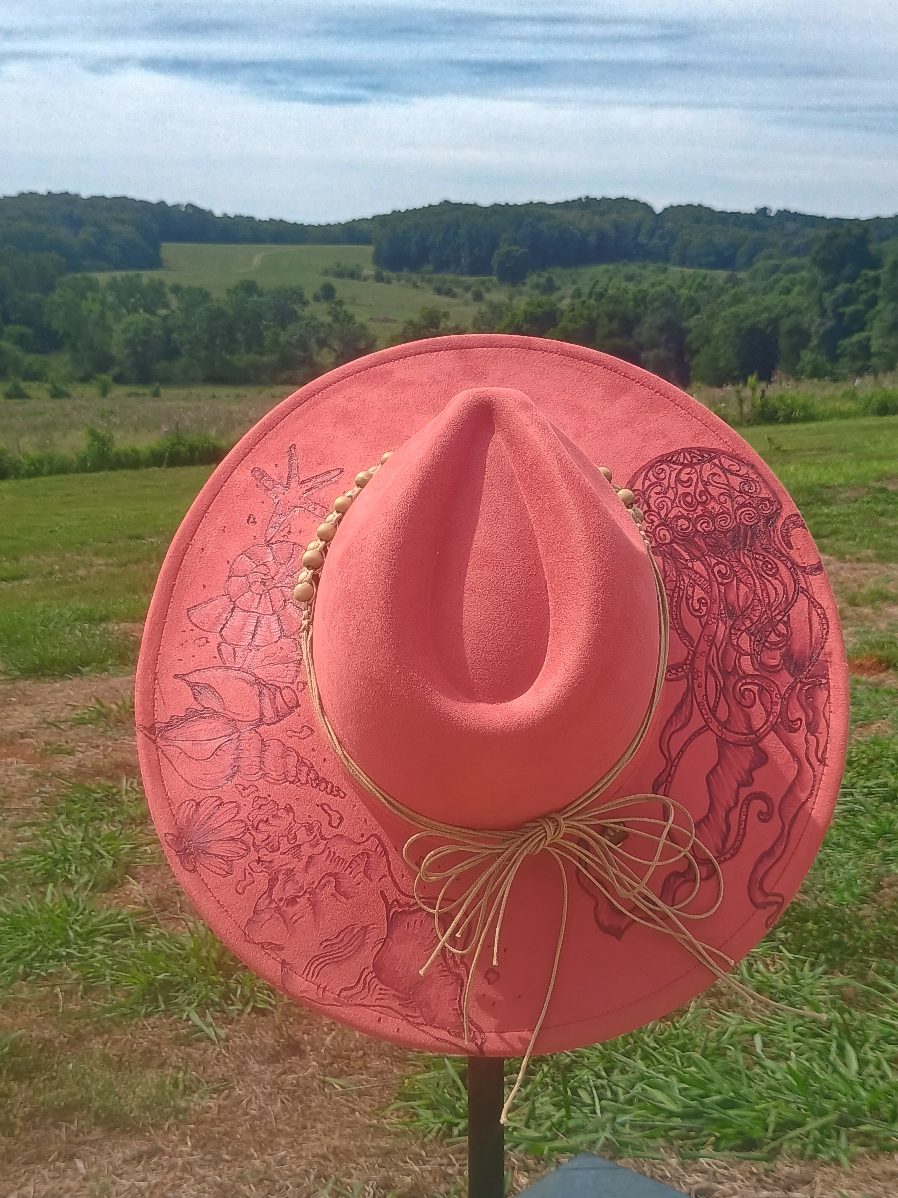 Hand-Illustrated Coral Wide-Brim Felt Hat